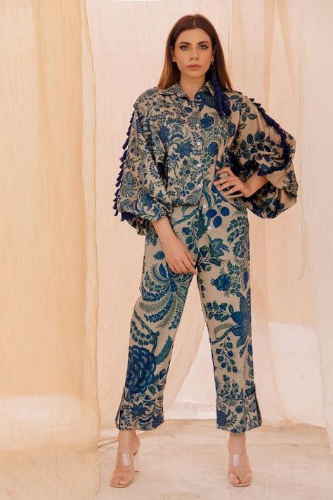 Winter Outfits Elegant, Co Ords Outfits Indian, Wide Leg Pants Winter, High Neck Jumpsuit, Linen Style Fashion, Co Ords Outfits, Floral Print Jumpsuit, Trendy Dress Outfits, Floral Prints Pattern