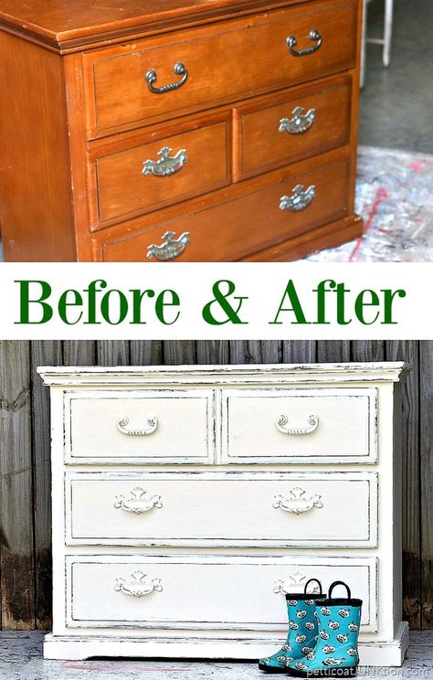 Before and after furniture makeover painted white and distressed from Petticoat Junktion. Before And After Furniture Makeover, Before And After Furniture, White Distressed Furniture, Refurbished Furniture Diy, Dresser Makeovers, Distressed Furniture Painting, Dresser Painted, Bedroom Furniture Makeover, Painted Bedroom Furniture