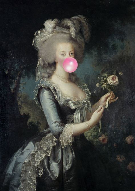 lowkey atelier presents : Bubblegum Marie Antionette 💖⁠ ⁠ 🍬⁠ x Marie Antoinette With a Rose” (1783) by Élisabeth Louise Vigée Le Brun ⁠ Rococo Art, Photo Wall Gallery, Printed Wall Art, Bubble Art, Whimsical Illustration, Classical Art, Modern Art Prints, Marie Antoinette, Art Plastique