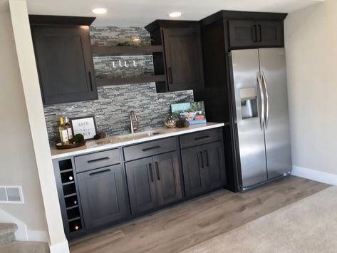 Basement Kitchen With Refrigerator, Basement Bar Ideas Full Fridge, Basement Wet Bar Flooring, Home Bar With Full Size Fridge, Wet Bar With Full Size Refrigerator, Basement Wet Bar With Full Size Fridge And Dishwasher, Basement Bar With Refrigerator, Diy Basement Kitchen, Basement Bar With Full Fridge