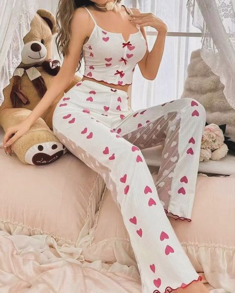 Adorable Heart-Print Pajama Set - Comfy & Cute Sleepwear 🎁✨ #zeerjama #lingerie #pjs #nightwear #pakistan #fashion #intimate #romantic #love #sale #lahore #karachi #islamabad #ugc #ugccreator #ugcmarketing Night Wear Dress, Clothes Pajamas, Business Woman Quotes, Cute Sleepwear, Trouser Outfits, My Fair Lady, Cute Princess, Bed Time, Tank Top Camisole