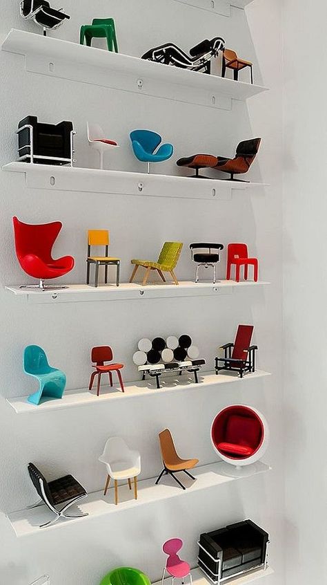 The collection is perfect. Now all it needs is a mini in each chair! | NפISƎp inspiration for the planning of the The Mini Museum | Miniature Designer Chair Collection_ *_* https://emfurn.com/collections/vintage-chic Mini Chair, Iconic Chairs, Design Blogs, Chaise Design, Miniature Furniture, Doll Furniture, Design Case, Dollhouse Furniture, Lps