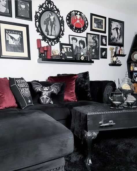 💀💀💀 on Instagram: “Always love finding new pillows for our couch 🖤 especially cute little spooky pillows ⚰️🦇☠️ #everdayishalloween #spookyhouse #gothaesthetic…” Small Gothic Living Room Ideas, Gothic Living Room Aesthetic, Goth Decor Living Room, Cozy Gothic Living Room, Ty Core, Goth Living Room Decor, Gothic Style Home Interior Design, Chocolate Bedroom Ideas, Goth Living Room Ideas