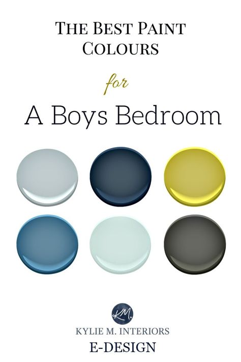 The best paint colour and accent ideas for a boys or teenager bedroom. Benjamin Moore. Kylie M INteriors E-design Boys Bedroom Colors, Kylie M Interiors, Boy Room Paint, Teenager Bedroom, Boys Bedroom Paint, Teenager Bedroom Boy, Teenage Boy Room, Coloring For Boys, Best Paint