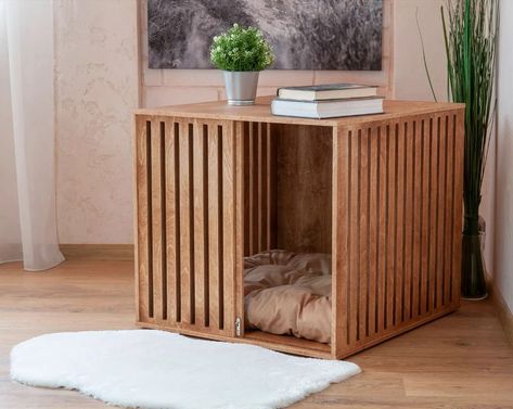 Wooden Dog House Indoor, Custom Dog Beds Diy, Plywood Dog Crate, Ikea Hack Dog Crate, Dog House Ideas Indoor, Hidden Dog Crate, Dog Furniture Crate, Built In Dog Crate, Decorative Dog Crate