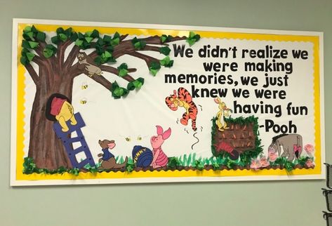 Winnie the Pooh bulletin board Winnie The Pooh Preschool Theme, Winnie The Pooh Classroom Door, Hundred Acre Wood Classroom Theme, Winnie The Pooh Classroom Decorations, Winnie The Pooh Daycare Room, Disney Classroom Ideas Bulletin Boards, Winnie The Pooh School Theme, Winnie The Pooh Classroom Theme Bulletin Boards, Winnie The Pooh Bulletin Board