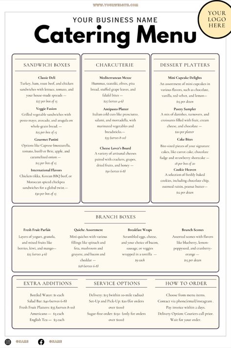 Catering Menu Editable Template Price List Restaurant Food Menu DIY Business Menu Template Customizable Menu Design Bakery Catering Menu Food Sample Display Ideas, Catering Pricing Guide, Bakery Menu Ideas, Catering Menu Ideas, Template Price List, Grilled Vegetable Sandwich, Starting A Catering Business, Bakery Catering, Treats Table