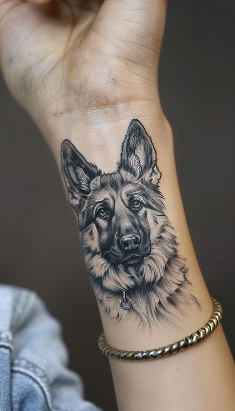 German Shepherd Tattoo, Shepherd Tattoo, Tattoo Main, Husky Tattoo, Dog Portrait Tattoo, Cowgirl Tattoos, Dog Memorial Tattoos, Dog Paw Tattoo, Biker Tattoos