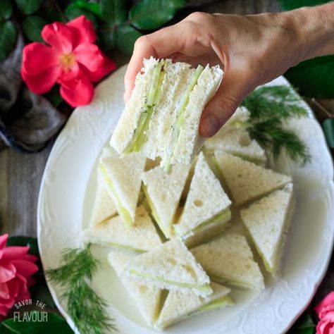 Easy Cucumber Sandwiches: an dainty appetizer to serve at an English tea party, Easter brunch, or bridal shower. Thinly sliced cucumbers, cream cheese, and fresh dill fill these fancy triangle sandwiches to make the perfect finger food at your next ladies’ party. | www.savortheflavour.com #teaparty #easter #brunch #bridalshower #cucumber Easy Cucumber Sandwiches, Triangle Sandwiches, Bridal Shower Appetizers, Bridal Brunch Food, Cucumber Sandwiches Recipes, Baby Shower Brunch Food, Shower Appetizers, Fingerfood Baby, Sandwich Cream