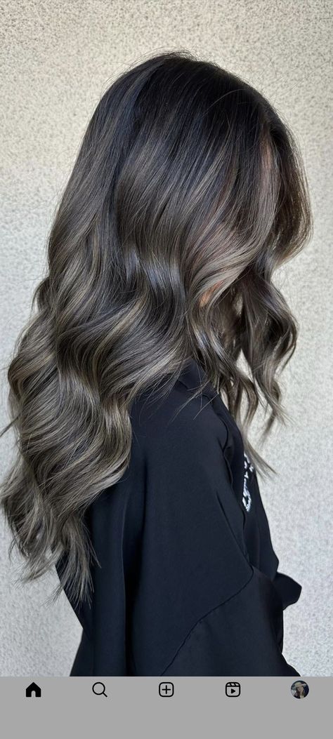 Cool Ash Brown Balayage On Dark Hair, Asian Dimensional Balayage, Brunette With Ashy Balayage, Asian Dye Hair, Black Ashy Hair, Brown With Ash Highlights, Cool Toned Brown Hair With Highlights, Black Hair Balayage Asian, Balayage Hair Ash Brown