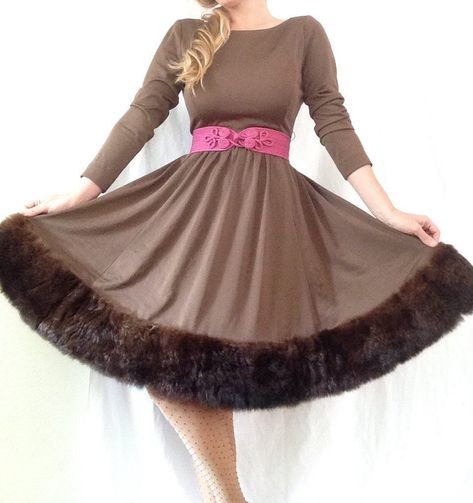 Victor Costa Dress, Dress With Fur, Fur Clothes, Victor Costa, Fur Clothing, Brown Fur, Color Dress, Girly Fashion, Brown Dress