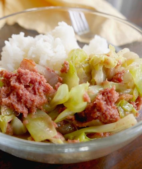 Hawaii style corned beef and cabbage in 30-minutes. Quick and easy one pot meal. #cornedbeef #cabbage #easymeal #dinner #lunch #frugal #onepotmeal Canned Corned Beef, Family Meal Prep, Corn Beef, Trini Food, Corned Beef And Cabbage, Hawaiian Dishes, Polynesian Food, Beef And Cabbage, Easy One Pot Meals