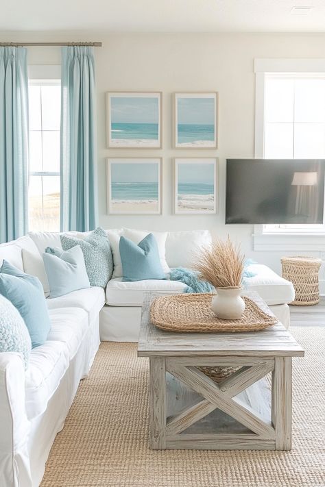 Transform your space with this serene coastal living room decor. Featuring calming blue and white tones, it creates a relaxing beach vibe. Soft pillows, seaside artwork, and natural textures complete the look. Perfect for a cozy, stylish home. #LivingRoomDecor #CoastalLiving #HomeDesign Coastal Boho Interior Beach Houses, Florida Living Room Ideas Coastal Style, Beach House Aesthetic Living Room, Beach House Aesthetic Interior, White Leather Couch Living Room Decor, Baby Blue Living Room Decor, Light Blue Beach House, Florida Decorating Ideas Interiors, Coastal Entry Table