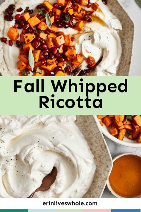 Whip up this sweet and salty Hot Honey Whipped Ricotta Recipe made with sweet potatoes, sage, and pomegranate arils! Serve with crostini, veggies, chips, and more. Pumpkin Whipped Ricotta, Sweet Potato Ricotta Recipes, Potatoes With Ricotta Cheese, Honey Whipped Ricotta, Whipped Ricotta Recipe, Recipe Using Ricotta, Anniversary Food, Whipped Sweet Potatoes, Ricotta Dip