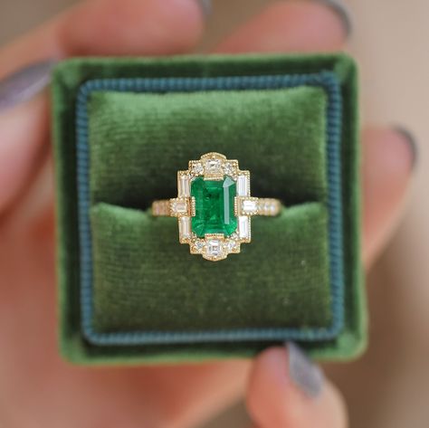 Unique Emerald Cut Emerald Engagement Rings, Emerald Square Ring, Art Deco Emerald Engagement Ring, Vintage Emerald Rings, Green Emerald Wedding Ring, Art Deco Engagement Ring Emerald, Berlinger Jewelry, Emerald And Diamond Engagement Ring, Kinder Centers