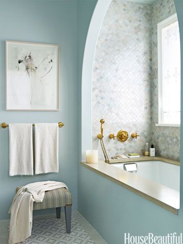 Blue Hues    Creating an idyllic bath for a Long Island home, designer DD Allen choose a blue palette but did not limit herself to one shade. The custom watery blue of the polished Venetian plaster walls picks up the blue in the floor tiles. Waterworks Classic Undermount tub. Venetian Plaster by JJ Snyder Studio. Architecture by Michael Pierce. Venetian Plaster Walls, Best Bathroom Designs, Bathroom Color, Subway Tiles, Bad Design, Blue Bathroom, Bath Room, Bathroom Colors, Blue Walls