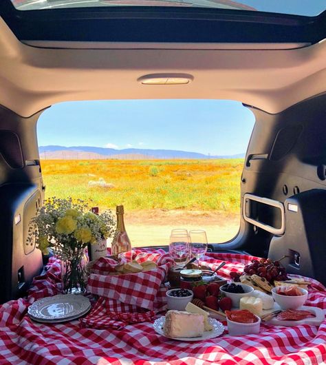 Car Picnic at Antelope Valley Poppy Reserve - Fun Activity - Date Idea - California Super Bloom Car Boot Picnic Aesthetic, Pick Up Truck Picnic, Romantic Car Date Night, Car Picnic Ideas, Back Of Car Picnic, Car Date Ideas Romantic, Car Picnic Aesthetic, Car Picnic Date Ideas, Car Picnic Date