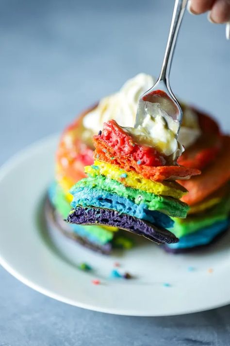 Vegan Rainbow Pride Pancakes | Carrots & Flowers Rainbow Pancakes, Whipped Coconut Cream, Carrot Flowers, Pancakes Ingredients, Salted Caramel Sauce, Coconut Whipped Cream, Food Dye, Pancake Batter, Vegan Condiments