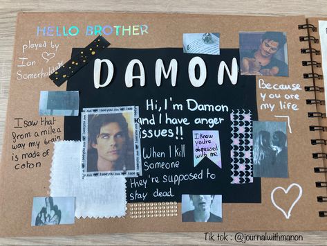 Damon 🧛🩸🥞 Tvd Journal Ideas, Vampire Diaries Scrapbook, Tvd Scrapbook, Tvd Journal, Riverdale Aesthetic, Vampire Diaries Poster, Bulletin Journal Ideas, Vampire Diaries Damon, Diy Journal Books