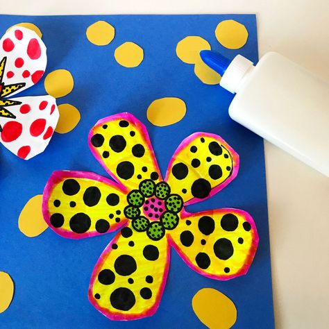 K-5 Art Projects, Flower Art Lesson, Yayoi Kusama Art Lesson For Kids, Yahoo Kusama, Paper Plate Flowers, Polka Dot Room, Yayoi Kusama Art, Kusama Art, Colorful Art Projects