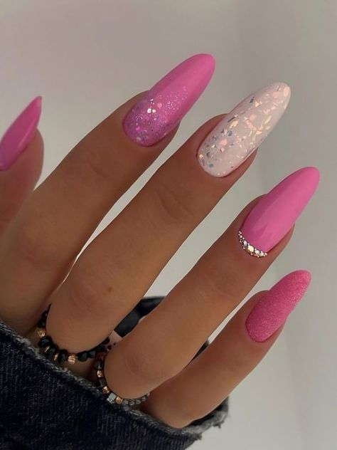 Summer 2024 Glitter Nails: Bright, Sparkling Designs & Inspiration for Every Nail Type Nail Designs For Summer 2024, Pink Nails Summer 2024, Summer Nail 2024 Trends Pink, Ibiza Nails Summer, Bright Pink Summer Nails, Summer Nails Glitter, Pink Nails Inspiration, Birthday Nail Art, Glitter Nail Designs