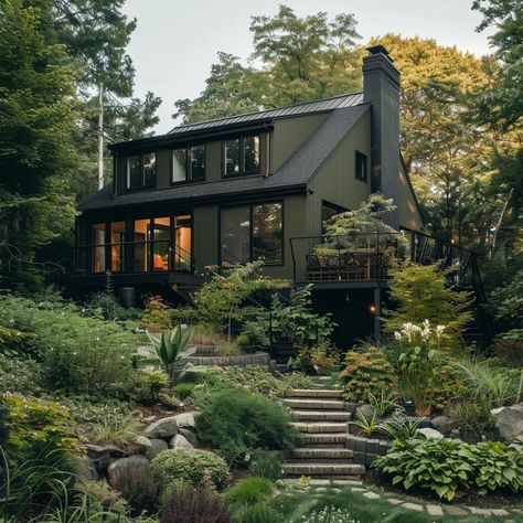 Modern Cabin Paint Exterior, Black Cabin Exterior Colors, Painted Brick House Exterior Green, Nocturnal Green Exterior, Moody Green House Exterior, Black Green House Exterior, Pnw House Aesthetic, Artist House Exterior, Dark Green Modern House Exterior