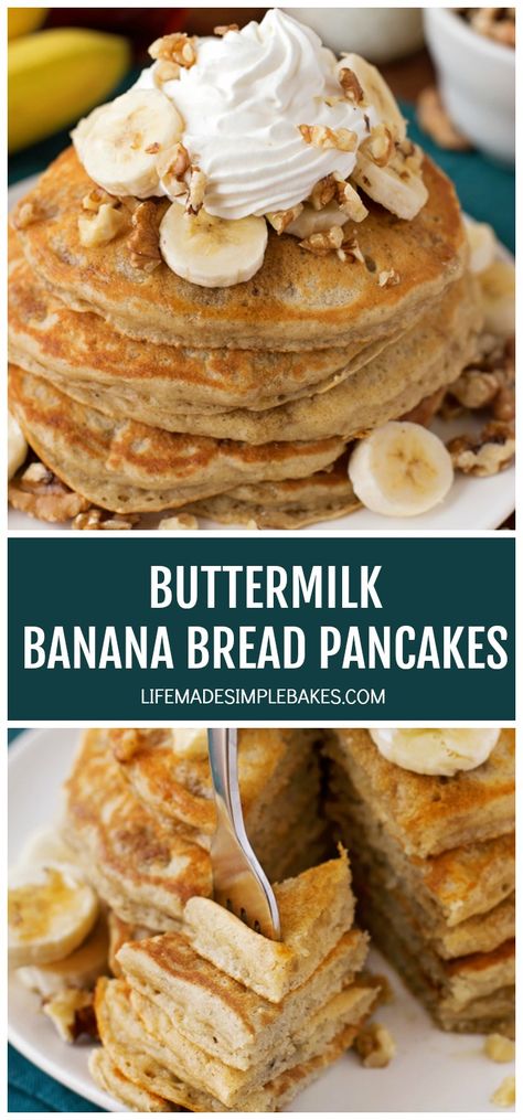 Buttermilk Banana Pancakes Recipe, Buttermilk And Banana Recipes, Buttermilk Recipes Breakfast, Banana Buttermilk Pancakes, Buttermilk Banana Pancakes, Cassava Pone, Fluffy Banana Bread, Homemade Buttermilk Pancakes, Buttermilk Banana Bread