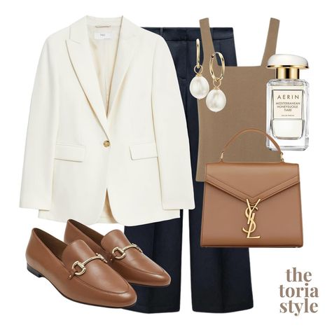 white blazer, navy trousers & tan accessories 😍 save this post for future outfit inspo ✨ be sure to follow @thetoriastyle for daily outfits! 🤍 #wednesdaystyle #smartoutfit #summerstyleinspo #summeroutfitideas #summerlookbook #dailyoutfitinspo Off White Blazer Outfits For Women, White Blazer Work Outfit, Off White Blazer Outfit, Cream Blazer Outfits For Women, White Blazer Outfit Work, White Blazer Work, Cream Blazer Outfit, White Blazer Outfit, Business Chic Outfits