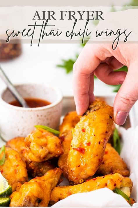 These Sweet Thai Chili Wings were inspired by a dish I usually order when I’m enjoying a night out. They combine the best flavors of sweet chili sauce and wings and are cooked in the air fryer, making them perfect for sharing with friends and family. Thai Chili Wings, Thai Chili Chicken, Sweet Chili Wings, Sweet Thai Chili, Chili Wings, Air Fry Chicken Wings, Bacon Guacamole, Glazed Meatballs, Thai Chili