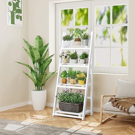 White Ladder Shelf, Plants Shelf, Foldable Display, Wooden Ladder Shelf, Plant Ladder, Corner Storage Shelves, Wooden Plant Stands, Wood Plant Stand, Corner Storage