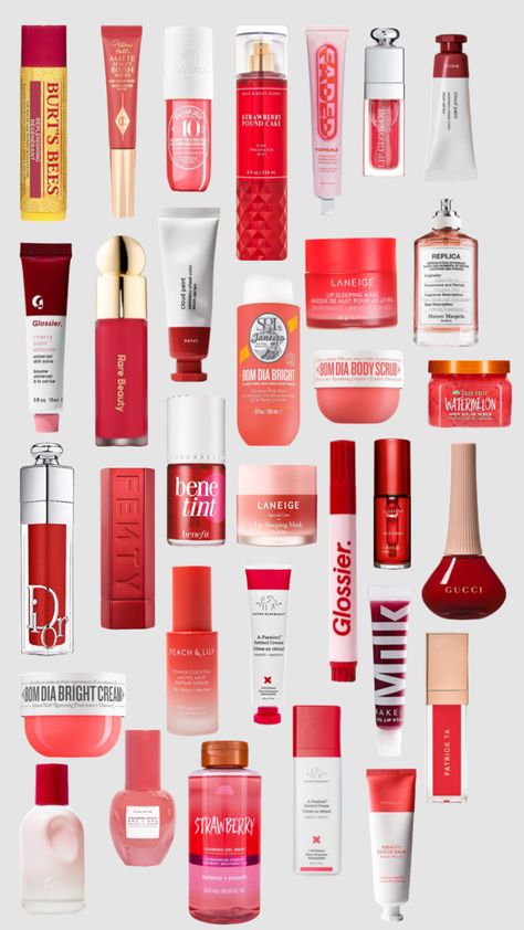 #red #beauty #makeup #skincare Red Burr Basket Ideas, Red Beauty Products, Red Burr Basket, Christmas Skincare Gift Ideas, Red Skin Care, Christmas Skin Care, Red Skincare, Red Skincare Aesthetic, Christmas Makeup Products