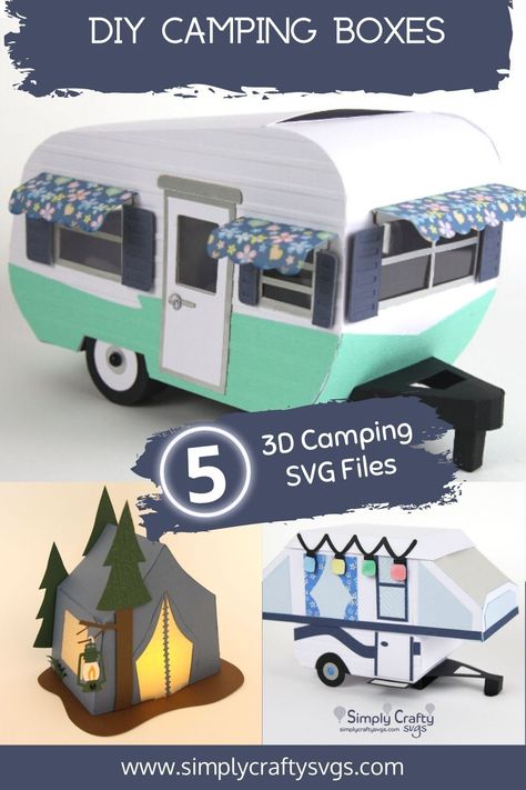 Make a 3D Camper, RV, Caravan Trailer or Tent with one of our 3D Camping SVG files. 3D Camping Papercraft designs. #simplycraftysvgs Cardboard Rv Camper, Cardboard Camper Diy, Camper Crafts, Camping Diy Projects, 3d Svg Files, Caravan Trailer, Diy Paper Art, Vinyle Cricut, Camper Art