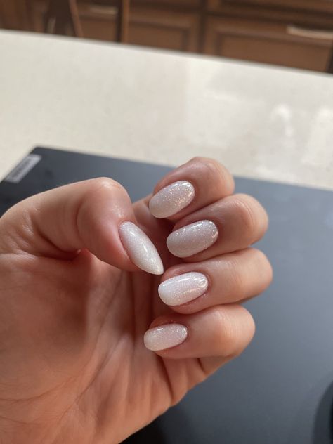 Glittery milky nails Sparkly Milky Nails, Milky White With Sparkles, Milky White Nails Shimmer, Milky Nails Sparkle, Milky White Sparkly Nails Acrylic, Off White Sparkly Nails, Opaque White Nails With Glitter, Soft White Sparkle Nails, White Gliterry Nails Short