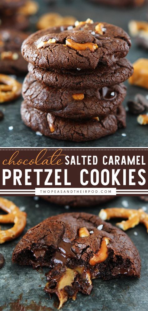 Chocolate Salted Caramel Pretzel Cookies Cheat Desserts, Chocolate Pretzel Cookies, Creative Deserts, Caramel Pretzel Cookies, Salted Caramel Pretzels, Chocolate Caramel Pretzels, Pretzel Cookies, Salted Caramel Cookies, Shortbread Biscuits