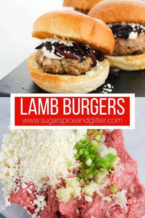 Greek Sliders, Lamb Lasagna, Greek Lamb Burgers, Lamb Burger Recipe, Burger With Caramelized Onions, Hello Yummy, Lamb Burger Recipes, Lamb Sliders, Cooking Lamb