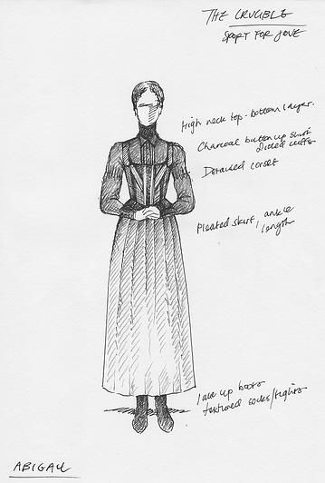 Costume Design. Abigail. The Crucible. The Crucible Costumes Design, Gcse Drama The Crucible, The Crucible Costumes, Salem Witch Costume, Drama Gcse, Gcse Drama, Junior English, Doodles Sketchbooks, Script Analysis