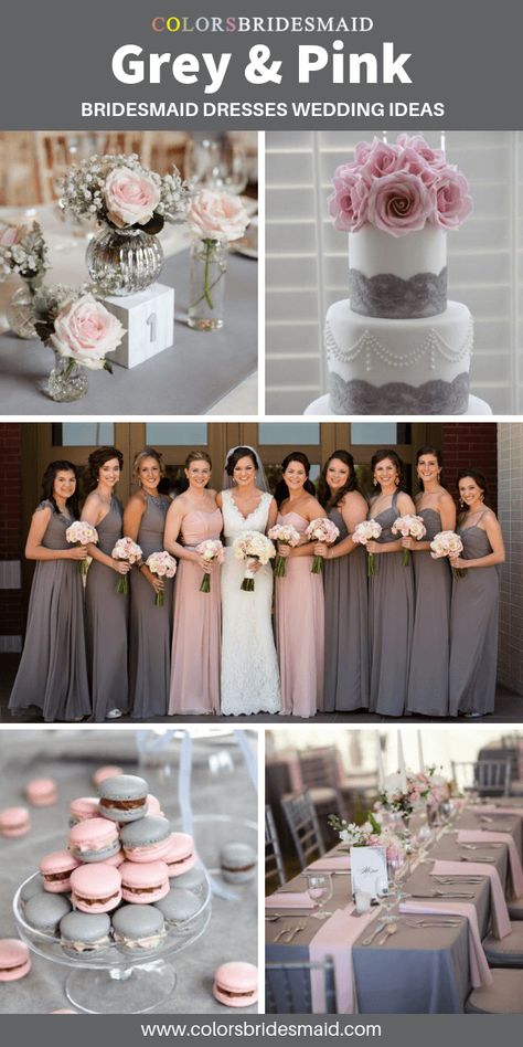 Grey bridesmaid dresses wedding color ideas, grey bridesmaid dresses mismatched with pink dresses, white and grey wedding cake with pink flower topper, grey table cloth with pink table runner and small dessert in grey and pink. #colsbm #bridesmaids #greydress #pinkdress #weddingideas #greywedding b958 Pink Grey Wedding Decoration, White And Pink Wedding Flowers Bouquet, Light Pink And Gray Wedding Theme, Pink Gray And White Wedding Ideas, Pink And Silver Bridesmaid Dresses, Pink And Grey Wedding Decorations, Light Pink And Gray Wedding, Pink White And Grey Wedding Theme, Grey And Pink Wedding Theme