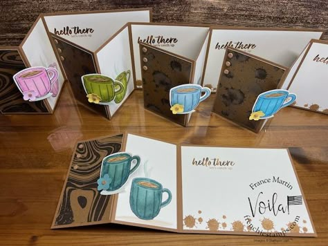 How To Make A Z Fold Card With A Flip - Frenchie Stamps Stampin Up Coffee Cafe, Coffee Cards Handmade, Coffee Birthday Cards, Coffee Themed Cards, Z Fold Cards, Tea Cup Card, Coffee Stamps, Fancy Fold Card Tutorials, Make Your Own Card