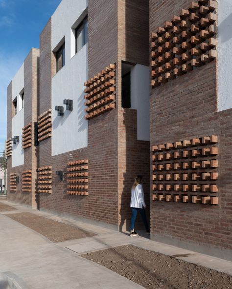 Housing for Argentinian teachers by Nomada and Eypaa Grey Brick Houses, Brick Apartments, Architectural Textures, Relief Tile, Housing Architecture, Brick Projects, Brick Houses, Low Cost Housing, Brick Detail