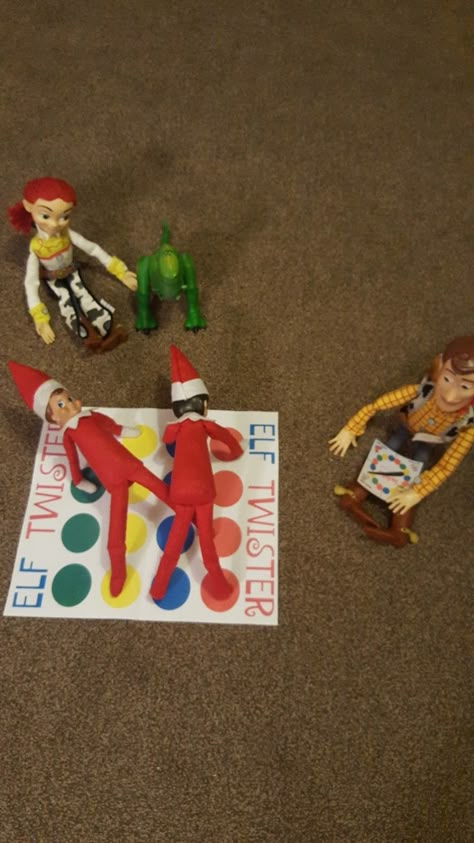 Elf On The Shelf Twister, Elf Twister, Shelf Elf, Awesome Elf On The Shelf Ideas, Elf Fun, On The Shelf, Elf On The Shelf, Elf, Shelves