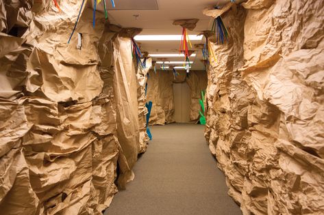 Create a cave-like setting in your Cave Quest hallways with brown kraft paper, crumpled together to create fun textures! #cavequest Cave Quest Vbs Decorations, Cave Quest Vbs 2016, Zoomerang Vbs, Cave Decorations, Cave Quest Vbs, Cave Quest, Vbs Decorations, Vbs Themes, Diy Props