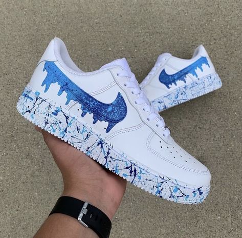 Blue Splatter by nathanscustomz Nike Shoes Women Fashion, Custom Sneakers Diy, Air Force 1 Sneakers, Pretty Sneakers, Nike Air Force 1 Custom, Custom Painted Shoes, Custom Shoes Diy, Nike Shoes Air Force, Nike Fashion Shoes