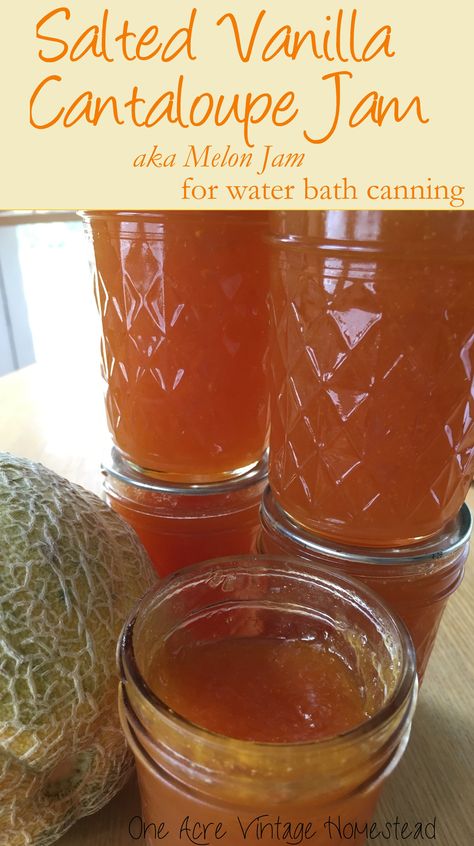 Salted Vanilla Cantaloupe Jam - A Water Bath Food Preservation Recipe Cantaloupe Jam, Cantaloupe Jam Recipes, Melon Jam, Vintage Homestead, Water Bath Canning Recipes, Cantaloupe Recipes, Preserving Recipes, Ball Canning, Homemade Jams