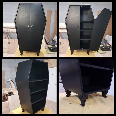 Coffin Shoe Rack, Diy Goth Furniture, Goth Fridge, Small Gothic Bedroom Ideas, Goth Home Diy, Gothic Cabinets, Goth Minimalist Home, Goth Dresser, Goth Home Decor Diy