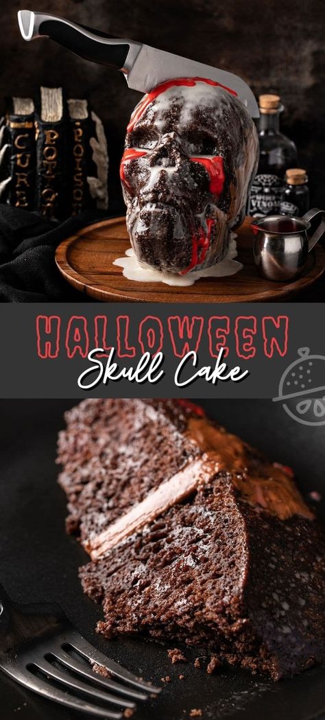 This creepy and frightfully delicious Skull Cake is easily made with store-bought boxed cake mix as the base, put together with a decadent chocolate buttercream filling and covered with a shiny coat of vanilla glaze. #lemonblossoms #cake #halloween #cakemix #easy #halloweentreatsweek #dessert #chocolate Skull Cake Recipe, Skull Cake Pan Recipe, Halloween Skull Cake Ideas, Chocolate Skull Cake, Spooky Cakes Scary Halloween, Wilton Skull Cake Pan Ideas, Creepy Halloween Cakes, Chocolate Halloween Cake, Skull Cake Ideas