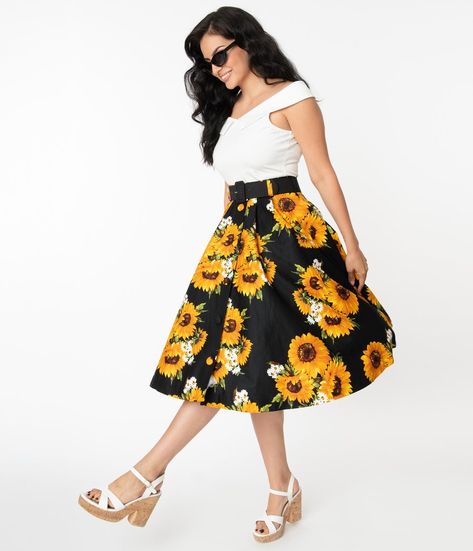 Sunflower Fashion, Sunflower Outfit, Black Sunflower, Skirt Inspiration, Black Backdrop, Black Backdrops, Sunflower Print, Formal Style, Inspired Dress