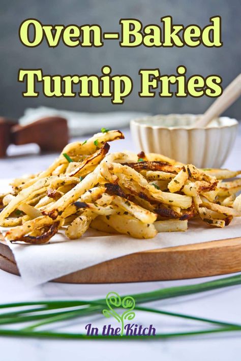 These baked turnip fries are deliciously spiced and pair well with the creamy, yogurt dipping sauce. They are an excellent low-starch and low-calorie alternative to traditional potato French fries. Potato French Fries, Carrot Fries Baked, Turnip Fries, White Turnip, Yogurt Dipping Sauce, Turnip Recipes, French Fried Potatoes, Produce Recipes, Carrot Fries