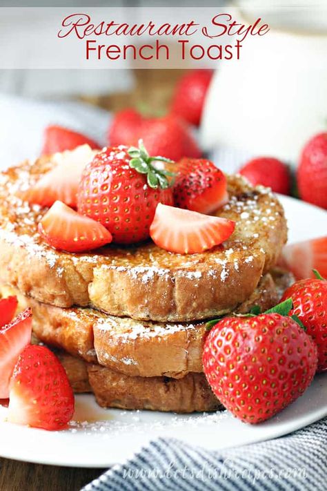 Restaurant Style French Toast Recipe -- Crispy on the outside and fluffy on the inside, this French toast is as good as any you'll get in a restaurant. Serve with your favorite syrup or fruit topping. #breakfast #frenchtoast #recipes Toast Restaurant, Jumbo Blueberry Muffins, Strawberry Cream Cheese Filling, Chocolate French Toast, Fruit Topping, Blueberry Crumb Cake, French Bread French Toast, Homemade Greek Yogurt, Vegan French Toast