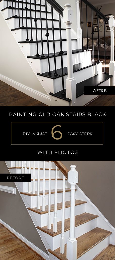 Transform your tired, old and outdated oak staircase into a show-stopping black and white entry centerpiece. We show you how to do this in just 6 steps! How To Install Iron Balusters, How To Install Stair Spindles, Stairs With Iron Balusters, Stair Rail Update, Wrought Iron Spindles On Stairs, How To Install Stair Railing, Updated Railing Banisters, Iron Spindles On Stairs, Bannister Renovation