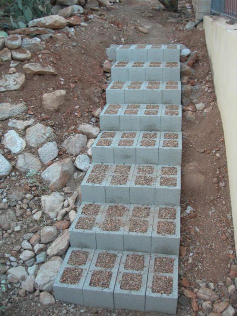 Nice tut on concrete block steps!  Lovely ideas, too. Cinder Block Steps, Sloped Backyard Landscaping, Landscape Stairs, Diy Staircase, Cinder Blocks, Sloped Backyard, Garden Stairs, Hillside Landscaping, Outdoor Steps